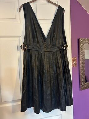 Black Faux-Leather Pleated Deep V-Neck Midi Dress